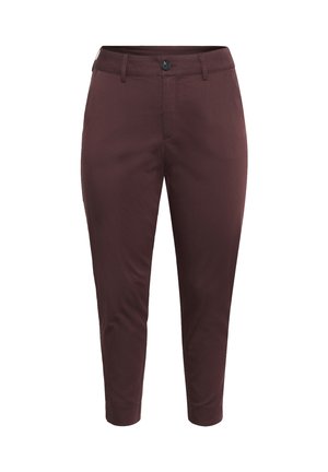 Burgundy trousers made of smooth fabric, featuring a fitted design, button closure, and tapered legs with a clean hem.
