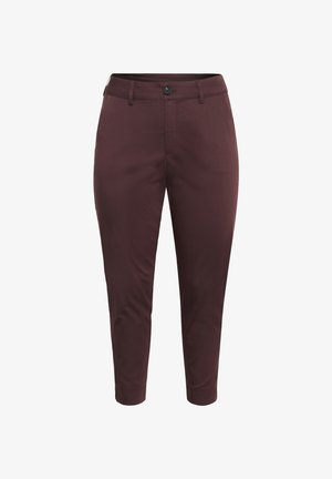 Pantalon bordeaux en tissu lisse, présentant un design ajusté, une fermeture à bouton et des jambes fuselées avec un ourlet soigné.