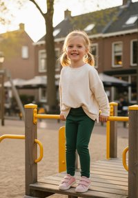 Dziecko na placu zabaw, ubrane w kremową bluzę i zielone legginsy, w różowe trampki na rzepy, uśmiechnięte, na tle piaszczystego podłoża.