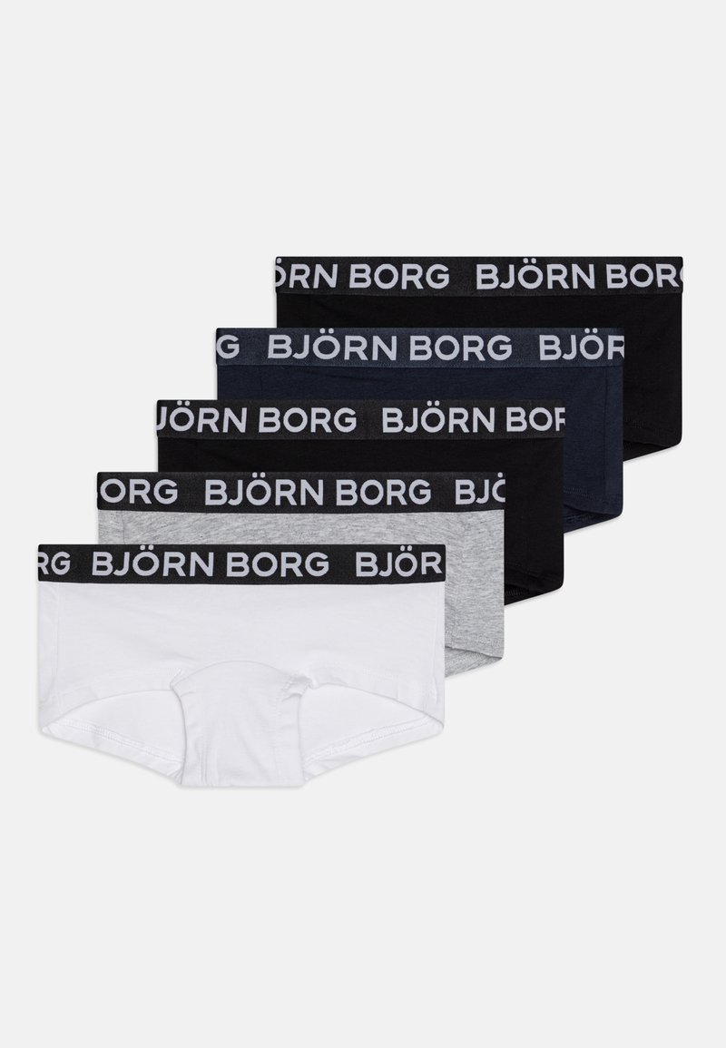 Pakke med fem par herreboxere i hvit, grå og svart. Hver av dem har en svart elastisk midjebånd med "BJÖRN BORG"-logo.