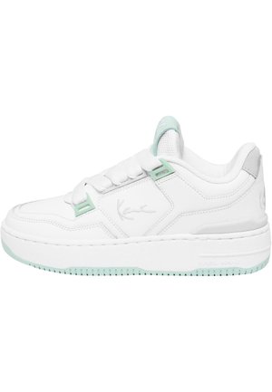 White leather sneaker with a mint green outsole. Features include padded collar, lace-up front, and subtle branding on the sides and heel.