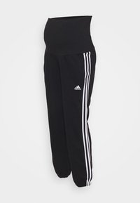 Schwarze Maternity-Jogginghosen mit hohem Bund, akzentuiert durch drei weiße vertikale Streifen an den Seiten; elastische Bündchen an den Knöcheln.