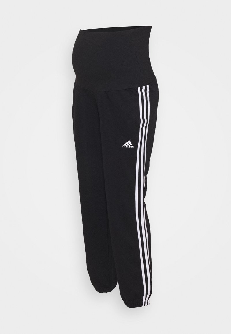 Schwarze Maternity-Jogginghosen mit hohem Bund, akzentuiert durch drei weiße vertikale Streifen an den Seiten; elastische Bündchen an den Knöcheln.