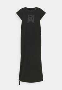 Czarna bawełniana sukienka maxi z krótkimi rękawami, z tonalnym nadrukiem logo z przodu i detalem ze sznurkiem przy dolnej krawędzi.
