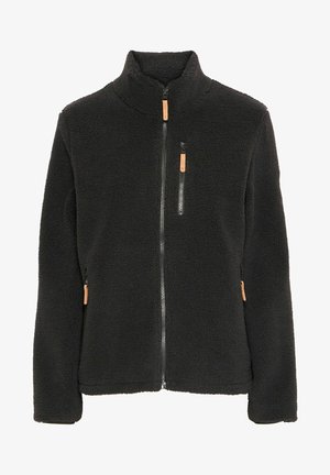 Black fleece jacket with a high collar, front zip closure, and two zippered side pockets. Features tan leather accents on zippers.