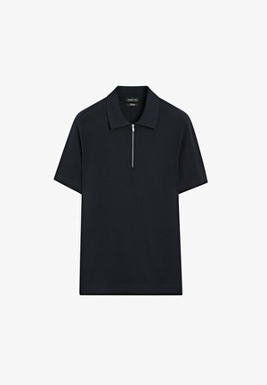 Marinblå kortärmad polo T-shirt med dragkedja i kragen. Tillverkad av ett mjukt tyg, har den en minimalistisk design och en rak fåll.