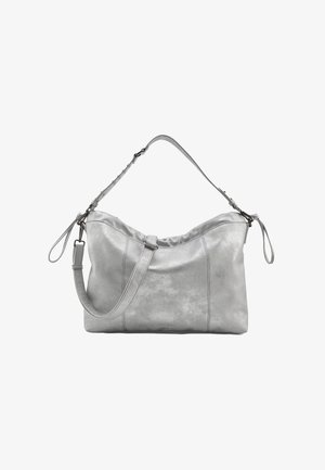 Sac à bandoulière en cuir gris avec une texture douce, une forme arrondie, une bandoulière ajustable et des détails de coutures visibles.