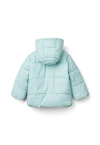 Mátově zelená péřová bunda s kapucí, která má prošívanou strukturu a volný střih, navržená pro teplo a pohodlí.