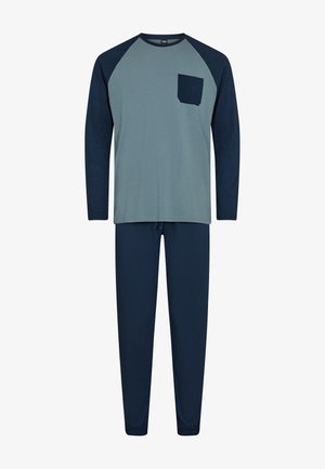 Blå och grön långärmad pyjamasuppsättning. Toppdelen har en ljusblå kropp med marinblå ärmar och en bröstficka; byxorna är enfärgade marinblå.