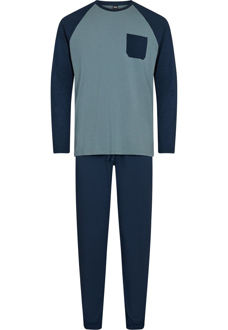 Conjunto de pijama de manga larga en azul y verde. La parte superior tiene un cuerpo azul claro con mangas azul marino y un bolsillo en el pecho; los pantalones son completamente azul marino.