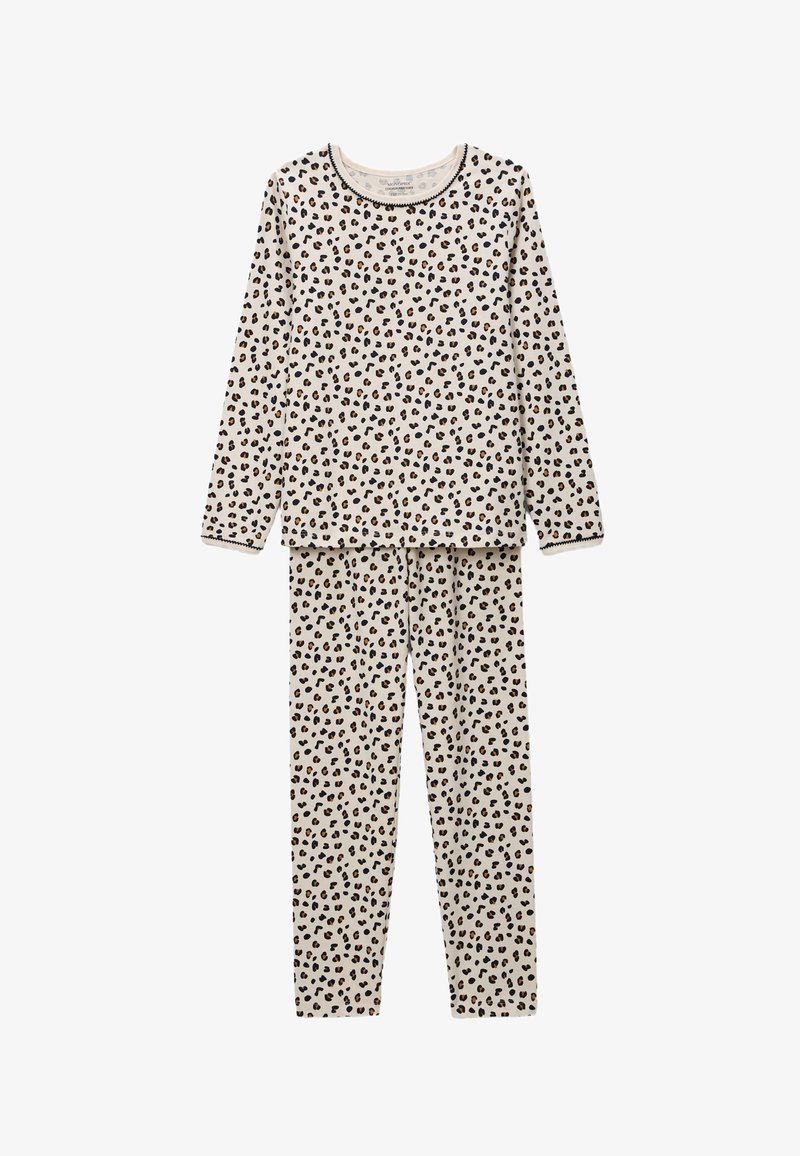 Ensemble de pyjama en imprimé léopard en tissu beige doux. T-shirt à manches longues avec col rond et pantalon ajusté assorti. Bordures noires tout au long.