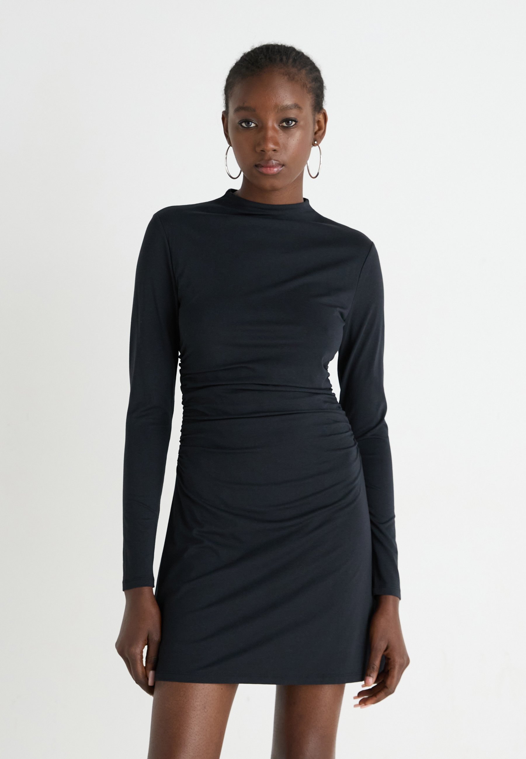 abercrombie black dress long sleeve Metallic Knit Ruched Cowl-Back Mini Dress