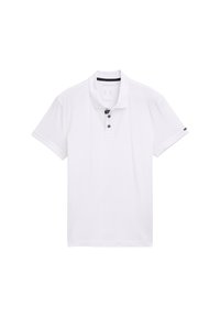 Polo shirt blanc à manches courtes en tissu lisse, doté d'un col classique, de trois boutons noirs et d'un logo discret sur la manche.