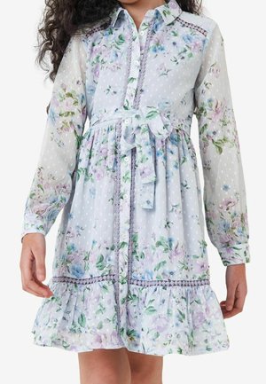 Robe chemise bleu clair avec manches transparentes, motifs floraux dans des couleurs pastel, pois, fermeture boutonnée devant et ceinture à la taille. Présente un ourlet à volants.