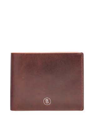 Braune Leder-Brieftasche mit zwei Fächern und kleinem rundem Logo mit dem Buchstaben B vorne unten in der Mitte.