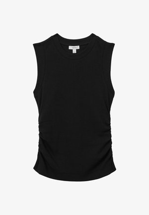 Haut noir sans manches en tissu côtelé, avec un col rond et des détails froncés sur les côtés pour une silhouette ajustée.