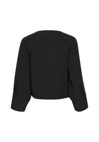 Svart kort jacka med långa, något puffiga ärmar och ett slätt, strukturerat tyg. Har en rund halsringning och sydda detaljer vid sömmarna.