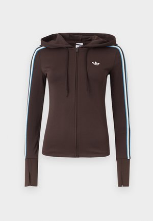 Brown full-zip hoodie with blue and white stripes on sleeves, thumb holes on cuffs, Adidas logo on chest, and adjustable drawstring hood.