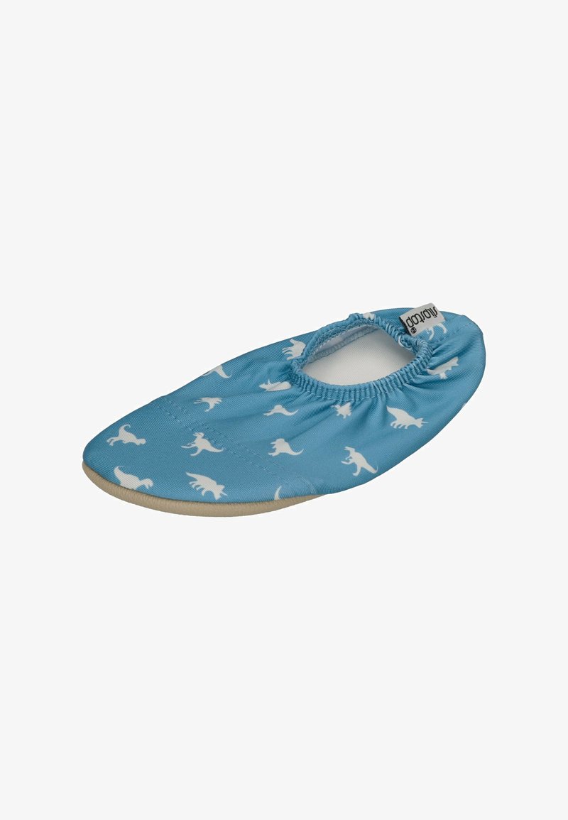 Blaue Stoffschlappen mit weißen Dinosaurier-Mustern, elastischer Knöchel für einen guten Sitz, runde Zehenform und eine weiche beigefarbene Sohle. Ideal für lässige Kleidung.