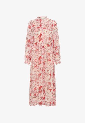 Rochie midi cu mâneci lungi, nasturi în față, imprimată cu flori roz și roșii și păsări, talie adunată și mâneci cu manșete pe un fundal alb.