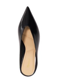 Black leather pointed-toe mules with an open back, showcasing a sleek surface and a light beige insole with gold logo detailing.
