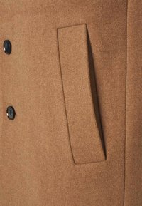 Primo piano di una tasca di un cappotto di lana marrone e pulsanti neri su una superficie di tessuto texture.