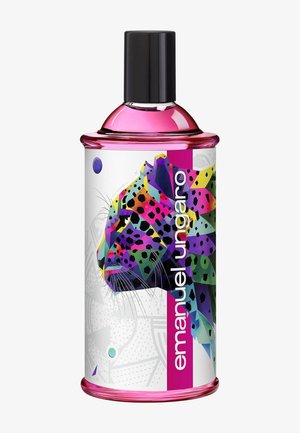 Flacon de parfum à bouchon rose avec tête de léopard géométrique colorée et texte "emanuel ungaro" sur une étiquette blanche et magenta.