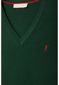 Pull en coton vert avec un col en V et des accents de col rouges. Présente un petit logo de golfeur rouge sur la poitrine. Texture lisse.