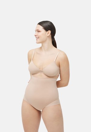 Sujetador sin costuras y faja de cintura alta, textura suave, tirantes ajustables, hardware mínimo, diseño sin costuras, forma ajustada.