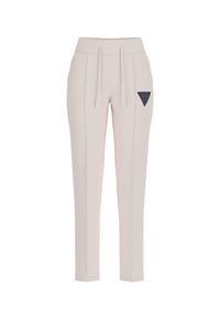 Pantaloni jogger rosa chiaro realizzati in materiale morbido, dotati di una cintura elastica con cordino, tasche laterali e un patch con logo nero.