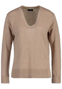 Beiger V-Ausschnitt-Pullover aus weichem Stoff. Lange Ärmel mit gerippten Bündchen und Saum. Glatte Struktur mit entspanntem Schnitt. Markenlabel: GANT.