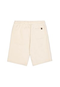 Beige bomuldsshorts med elastisk talje, baglomme og stikninger. Casual, knælangt design med en glat tekstur.