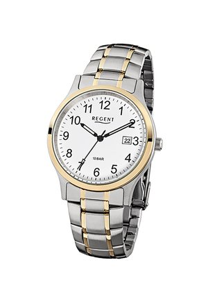 Montre-bracelet en métal argenté et doré avec cadran rond blanc, chiffres noirs, trois aiguilles et une fenêtre de date affichant le 22.