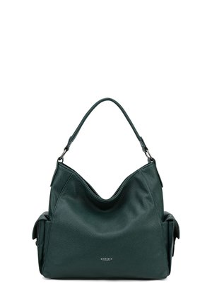 Sac à main en cuir vert foncé avec une forme décontractée, doté d'une seule bandoulière et de poches latérales. Surface texturée et accents en argent.
