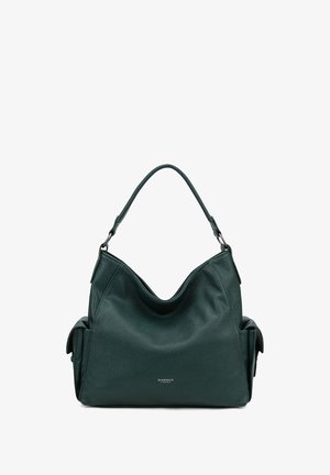 Sac à main en cuir vert foncé avec une forme décontractée, doté d'une seule bandoulière et de poches latérales. Surface texturée et accents en argent.