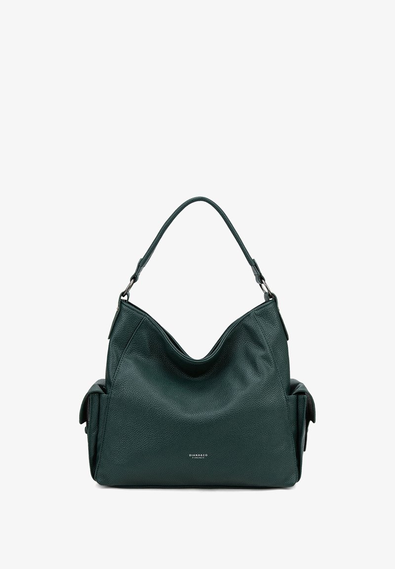 Borsa a tracolla in pelle verde scuro con forma morbida, dotata di una sola tracolla e tasche laterali. Superficie testurizzata e dettagli in acciaio inossidabile.