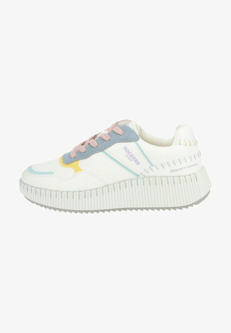 White sneakers with a textured, ridged sole. Features blue and yellow accents, pink laces, and a stitched design. "Dockers" logo visible.