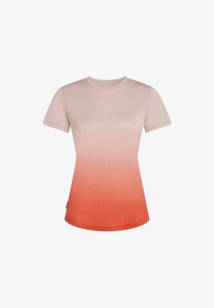 Damska koszulka z krótkim rękawem i okrągłym dekoltem, z gradientowym przejściem koloru od jasnoróżowego na górze do pomarańczowego na dole.