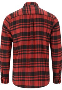 Röd och svart rutigt flanellskjorta med långa ärmar, knappmanschetter, spetsig krage och rak nederkant, med ett mjukt, texturerat tyg.