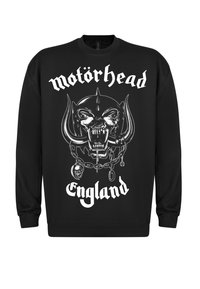 Sort sweatshirt med et grafisk design af et kranium med horn, kæder og teksten "motörhead England" i fed hvid skrifttype.