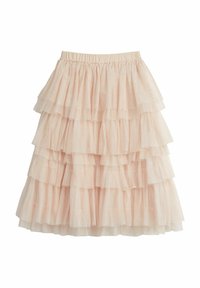 Lagdelte nederdele lavet af lys pink tyl, med flere rynkede lag, en elastisk talje og en blød, gennemsigtig tekstur.