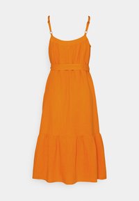 Orange ärmelloses Kleid mit Empire-Taillierung, verstellbaren Trägern und Rüsche am Saum, aus leichtem Stoff gefertigt.