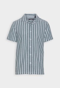 Hedvábná košile s krátkým rukávem v teal a bílých pruzích, vyrobená z texturované tkaniny s klasickým límcem a pěti předními knoflíky.