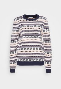 Suéter de punto con cuello redondo, patrón de rayas multicolores con copos de nieve, principalmente en azul marino, blanco y rosa palo, con puños acanalados.