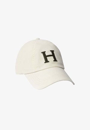 White cotton cap with a curved brim, featuring an embroidered black letter "H" on the front. Includes ventilation eyelets for breathability.
