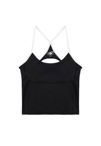 Musta lyhythihainen urheilupaita, jossa on valkoiset racerback-hihnat ja hienovarainen sauman yksityiskohta, koko medium.