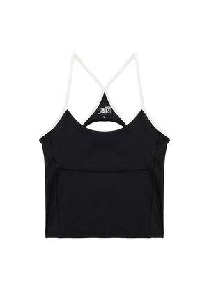 Musta lyhythihainen urheilupaita, jossa on valkoiset racerback-hihnat ja hienovarainen sauman yksityiskohta, koko medium.