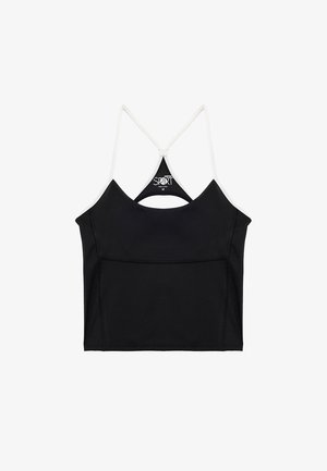 Sort cropped sports tank top med hvide racerback-stropper og diskret syninger, størrelse medium.