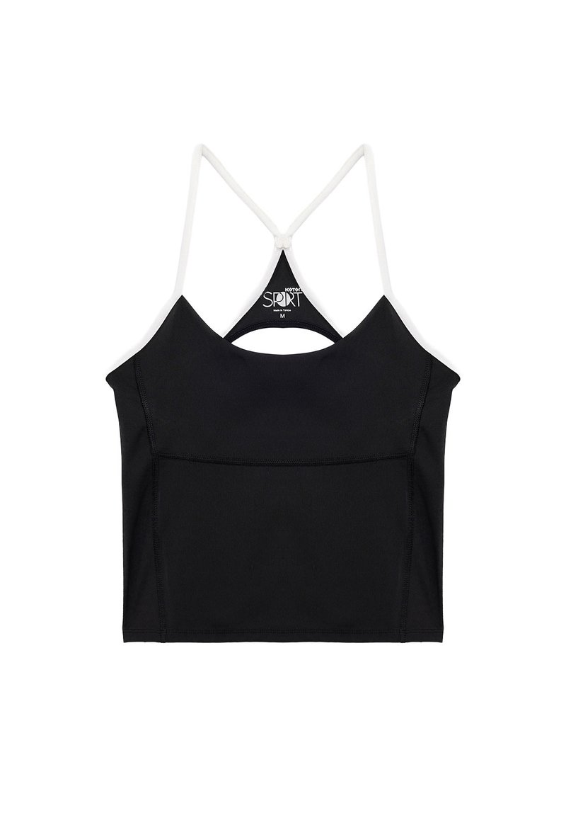 Musta lyhythihainen urheilupaita, jossa on valkoiset racerback-hihnat ja hienovarainen sauman yksityiskohta, koko medium.