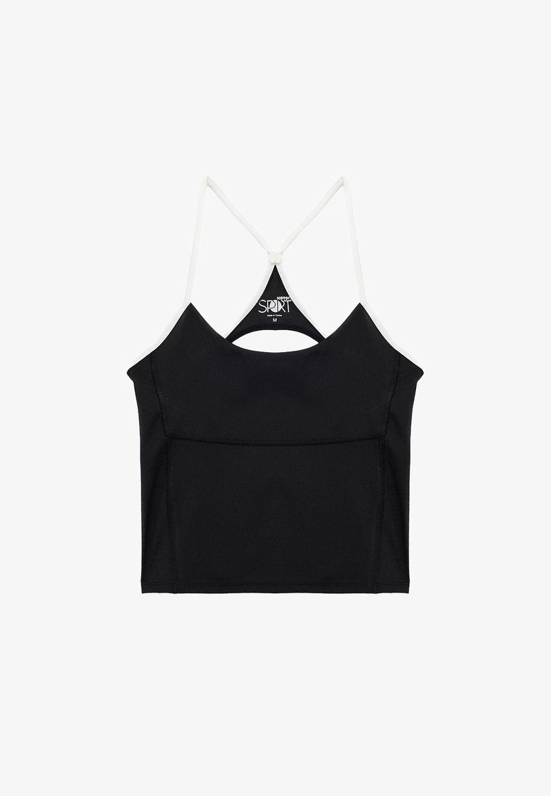 Musta lyhythihainen urheilupaita, jossa on valkoiset racerback-hihnat ja hienovarainen sauman yksityiskohta, koko medium.